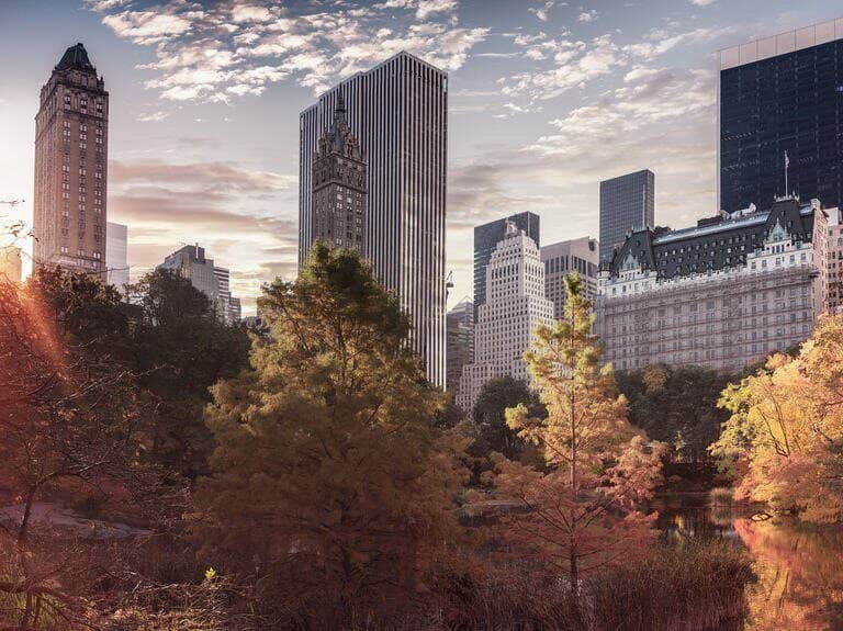 A view of a city with tall buildings in the background