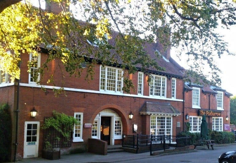 A tree in front of a brick building