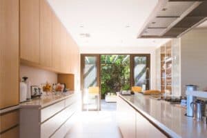 A kitchen with a sink and a window