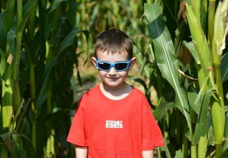 A young boy wearing sunglasses