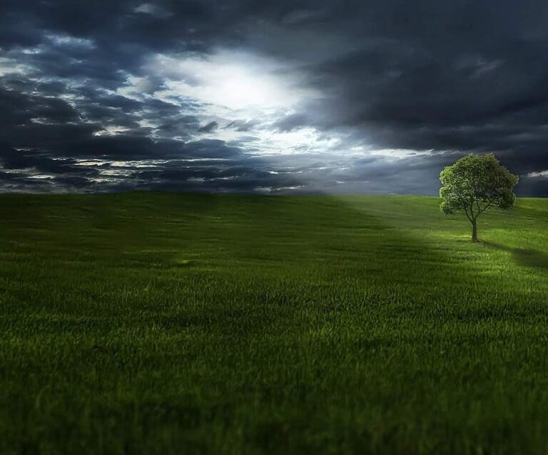 A large green field with clouds in the sky