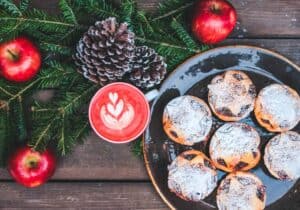 Food on a table, with Mince pie