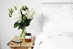 A bouquet of flowers in a vase on a table