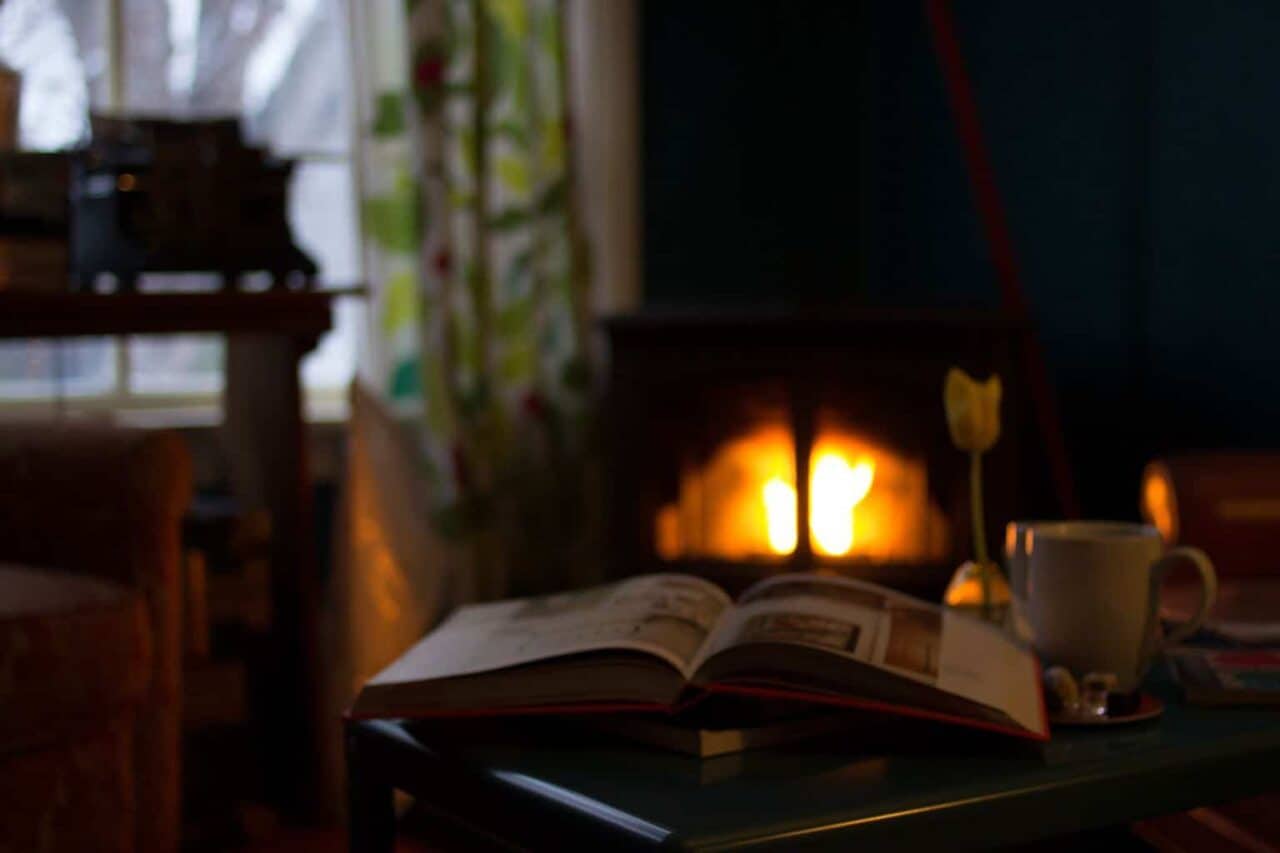 A fire place sitting in a room