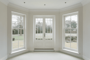 A kitchen with a large window