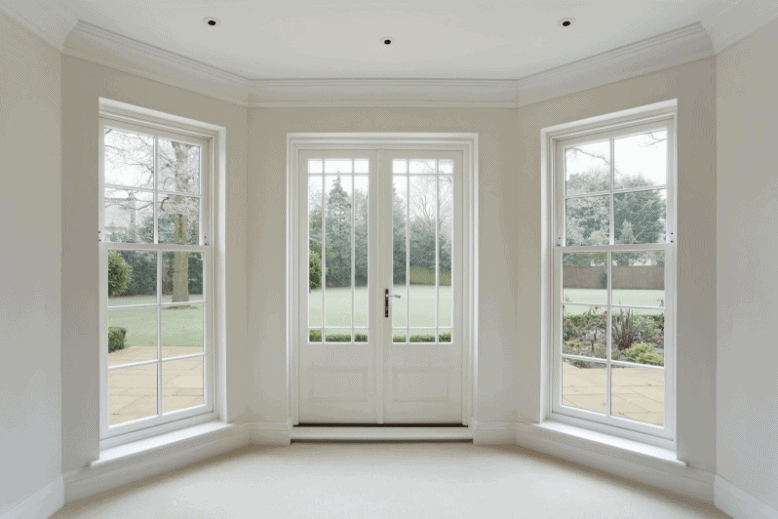 A kitchen with a large window