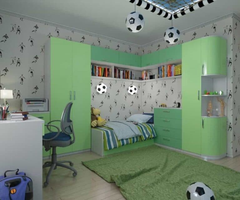 A bedroom with a green painted room