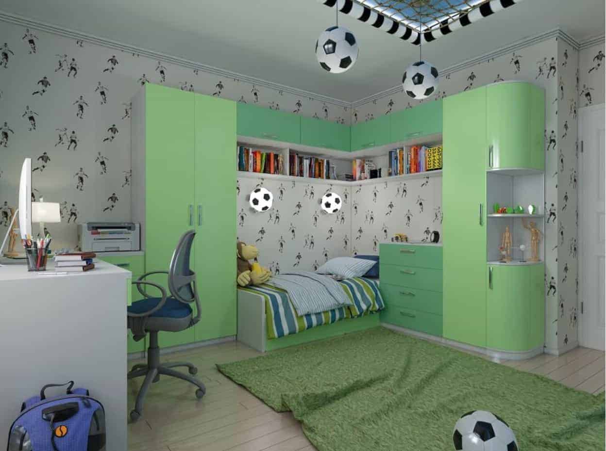 A bedroom with a green painted room