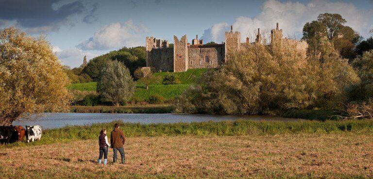 A castle on top of a grass covered field