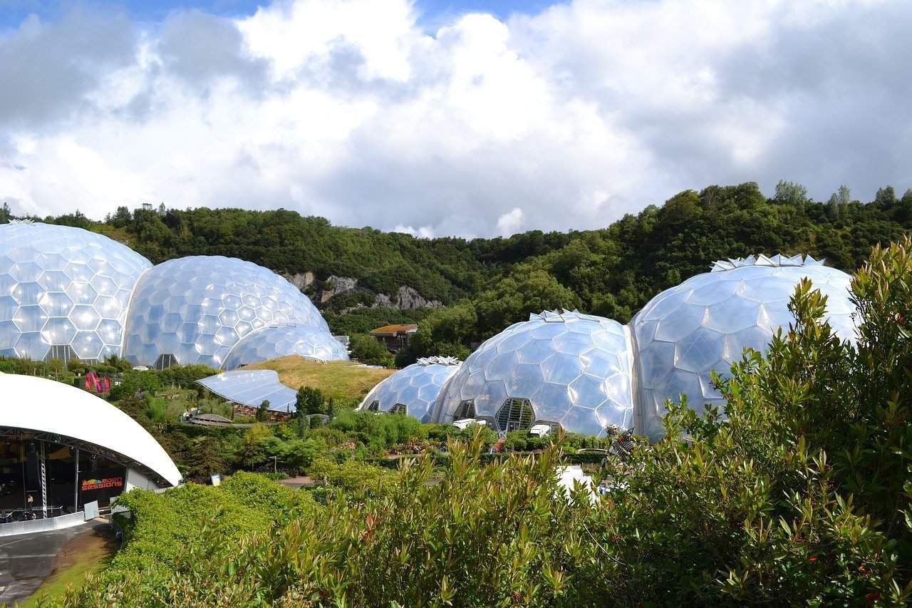 A group of people in front of a large umbrella with Eden Project in the background