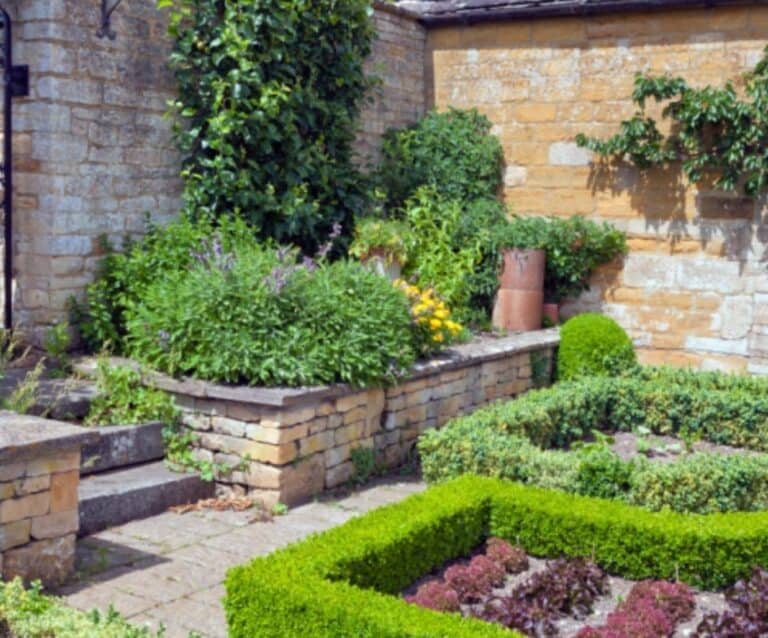 A close up of a flower garden in front of a brick building