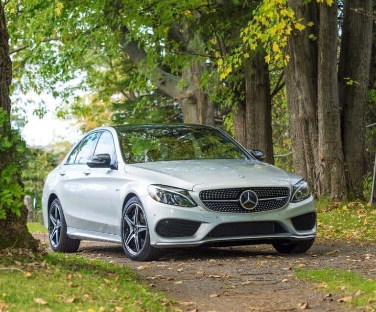 A car parked on pavement near a forest