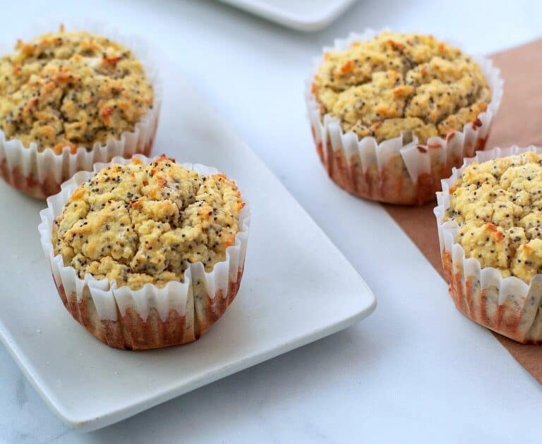 A plate of food on a table, with Muffin