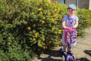 child on a purple micro scooter standing in front of a green bush