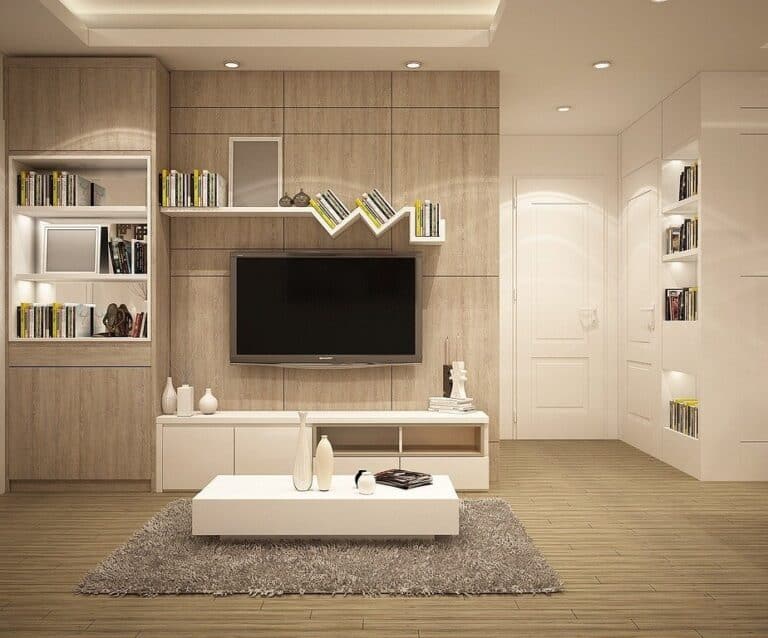 A home cinema set up with shelves and TV