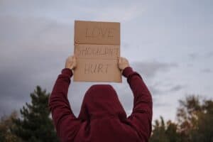 6 Domestic Violence Facts - anonymous activist showing placard with anti violence inscription