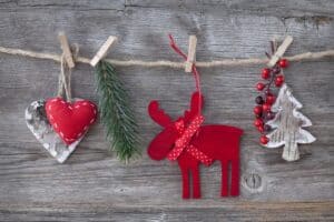 close up of christmas decorations hanging