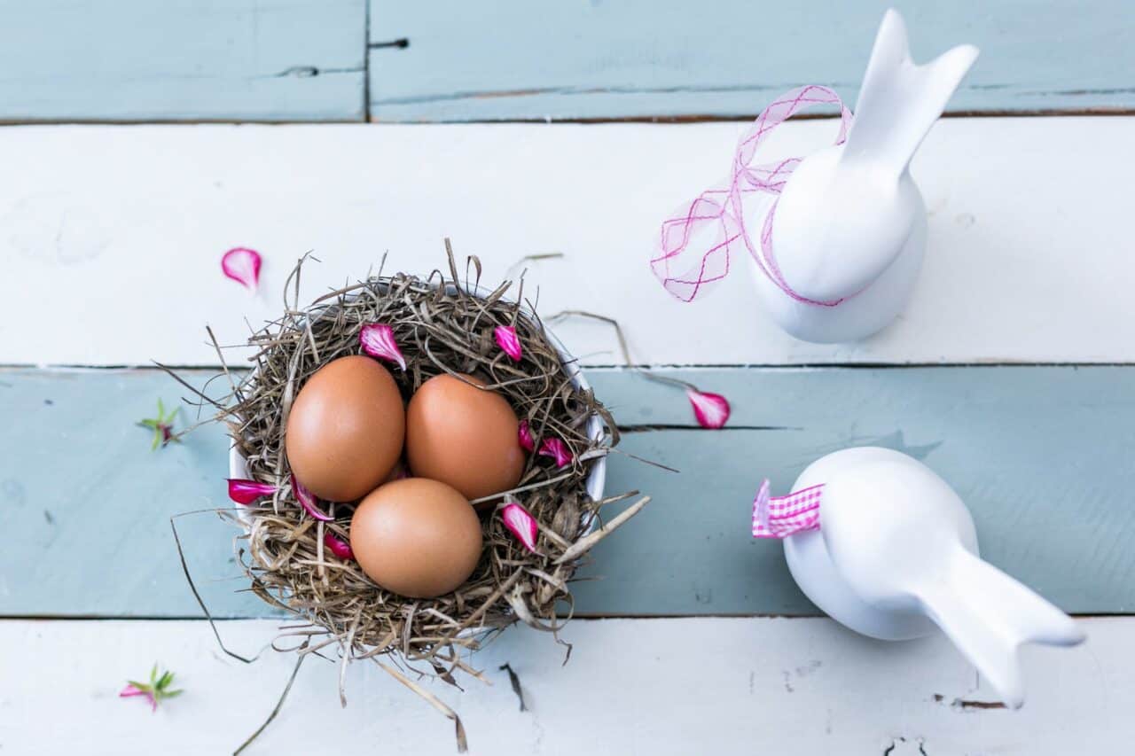 three brown eggs on nest