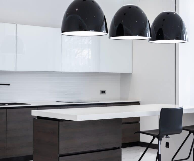 contemporary kitchen with stylish furniture and big lamps