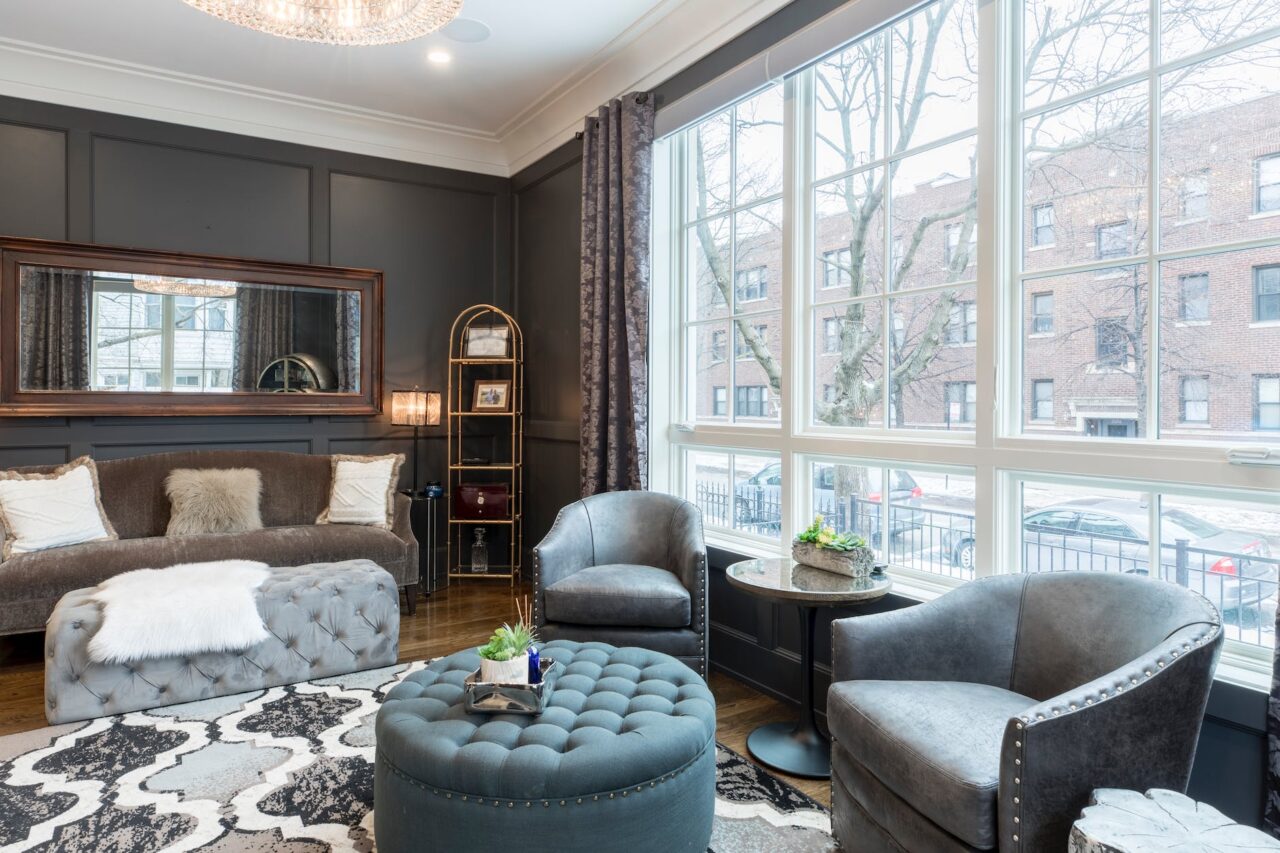 round tufted gray ottoman