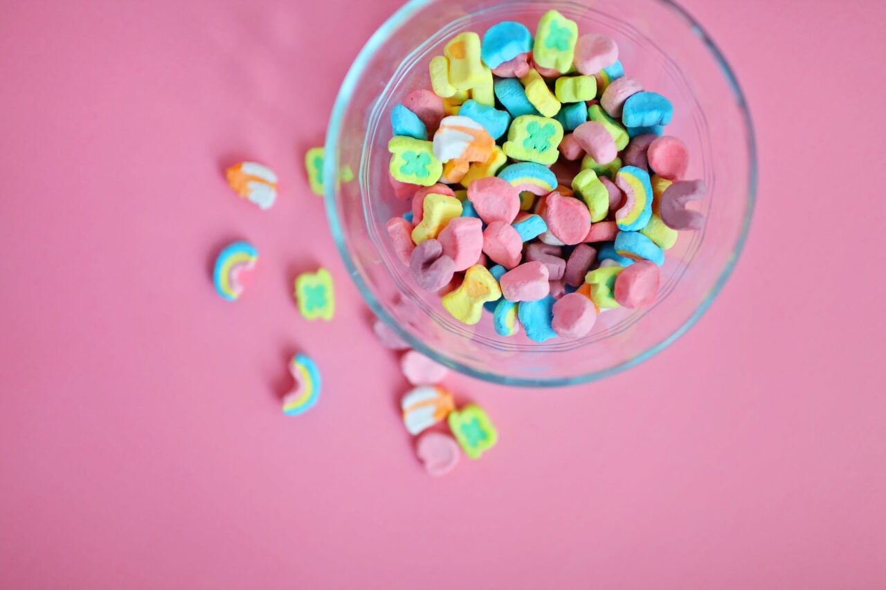 high angle view of multi colored marshmallows