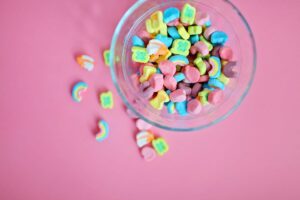 high angle view of multi colored marshmallows