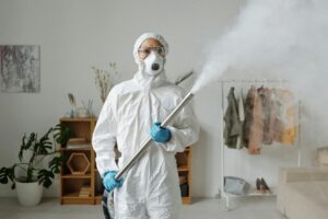 a woman fumigating while wearing a personal protective equipment